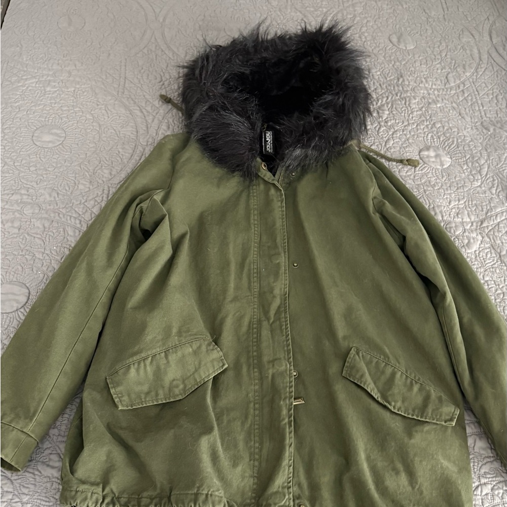 Jou Jou Olive Green Parka with Faux Fur Hood